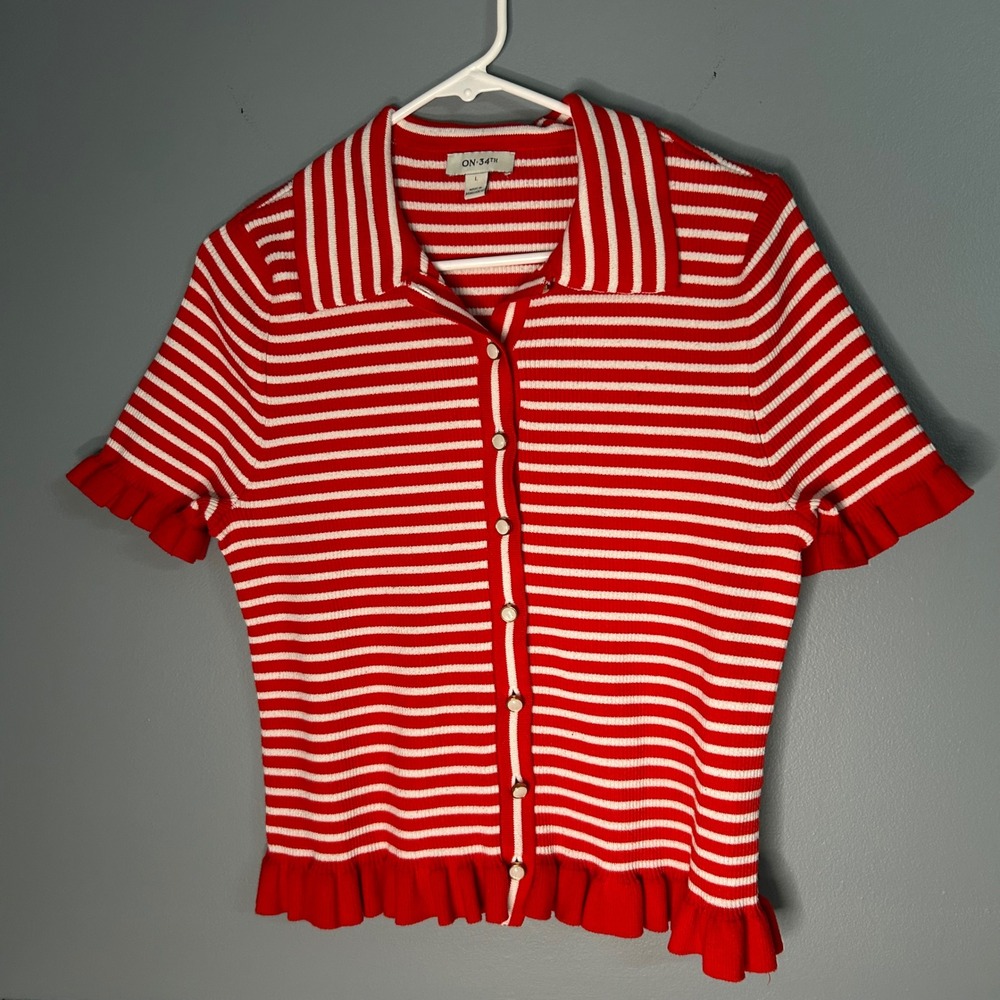 ON-34th Womens Red White Striped Ruffle Ribbed Short Sleeve Cardigan Top Large